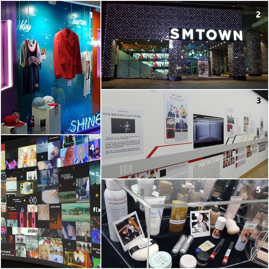 ⓵SM타운 뮤지엄 내 그룹 샤이니의 ARTIST GALLERY 모습. 샤이니가 타이틀 ‘View’로 활동하던 때 입었던 옷이 보인다.⓶ 서울 삼성동에 위치한 SM타운의 코엑스아티움의 전경⓷ 아티스트 프로듀싱 프로세스를 보여주는 공간. 뮤지엄 내에 NCT와 함께라면 꿈은 이뤄진다(DREAMS COME TRUE with NCT)라는 문구가 보인다. NCT는 다국적 아티스트 군단이다. 캐나다,미국,중국,일본,홍콩,태국 국적의 아티스트들이 우리 아이돌과 함께 꿈을 키우고 있다. ⓸뮤직비디오가 순서없이 무작위로 재생되고 있는 모습⓹ 아티스트들이 사용했던 분장실의 모습을 그대로 재현했다.