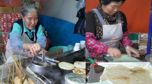 동문시장 1번게이트 어귀부터는 좌판 보다 낳은 작은 포장마차 점포들이 즐비하다. 이곳에서 80세에 이른 할머니 들이 호떡과 빙떡을 만들어 판다. 맛이 좋아 줄을 서야 차례가 돌아온다.