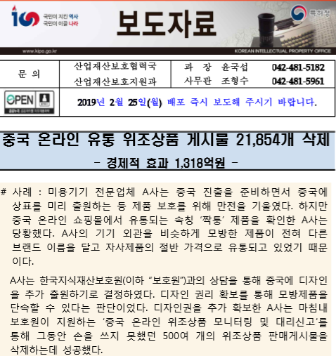 특허청은 중국 온라인 쇼핑몰에서 한국산 위조상품 2만1854개가 삭제됐다고 밝혔다/자료=특허청.