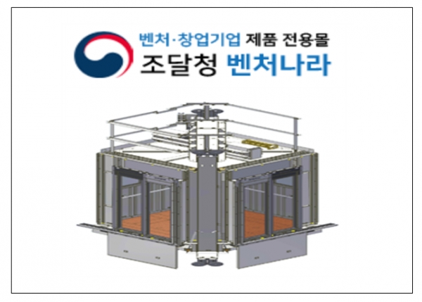 벤처나라에 올려진 제품 중 벤처 제조업체들이 만든게 적지 않다. 그림은 (주)대륜엘리스가 개발한 직각관통형 엘리베이터. 장애인 , 노약자, 또는 임산부 등을 사용하기 편리하게 설계돼 있다.보도육교, 지하철등 공공시설에 설칠 할수 있다. (이코노텔링 그래픽팀)