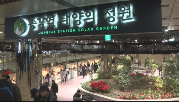 서울시는 종각역에서 종로타워 지하2층 종로서적으로 이어지는 지하보도에 1년여간의 공사를 거쳐 정원을 조성해 13일 시민들에게 개방했다/사진=TBS TV캡쳐.