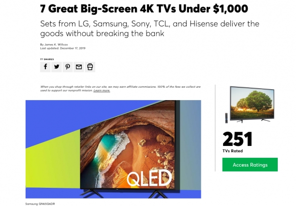 22일 업계에 따르면 컨슈머리포트는 시중에 판매 중인 250여종의 TV 모델을 성능·가격 등을 기준으로 평가하고 1천달러 이하 대형 4K TV 7종을 추천했다/사진=컨슈머리포트.