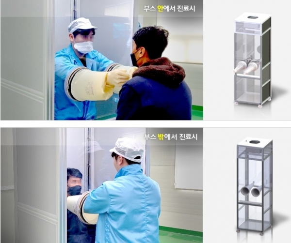부산시내 한 보건소 공중보건의와 국내 기업이 공동 개발한 코로나19 의심 환자 검체채취 장비인 '초스피드 코로나19 워킹스루 부스'가 해외 여러 나라로 수출되고 있다. 초스피드 워킹스루 부스 제작업체 '고려기연'에 따르면 최근 미국 워싱턴 DC 소재 민간병원과 초스피드 워킹스루 부스 2대 수출 계약을 맺었다. 지난주에는 태국에 30대를 수출했다. 이달 안으로 일본 고베시 민간병원에도 부스 3대를 수출한다. 코로나19 확진자와 사망자가 다수 나온 이탈리아 적십자에는 부스 2대를 기부할 예정이다. 사진(양방향 워킹스루부스)=고려기연.