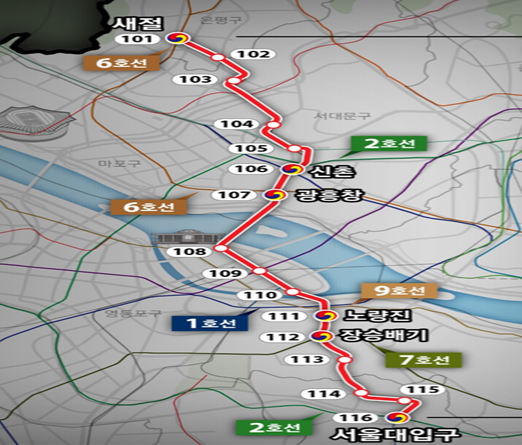 서부선 경전철은 총 연장 16.15km, 16개 정거장으로 건설되며, 지하철 1·2·6·7·9호선과 환승으로 연계되는 지선 노선이다. 자료=서울시.