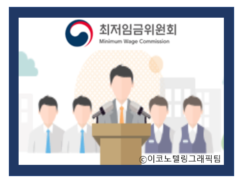 내년도 최저임금 심의에서 노동계는 올해보다 16.4% 오른 1만원을, 경영계는 2.1% 낮은 8410원을 첫 요구안으로 제시하는 등 큰 격차를 보였다/이코노텔링그래픽팀.