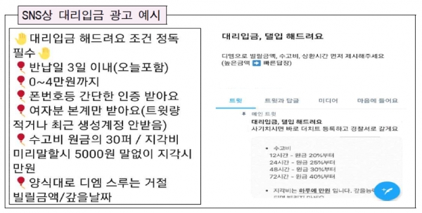 금융감독원에 따르면 대리입금 광고 제보를 받기 시작한 지난해 6월 이후 제보 접수 건은 2100건에 이른다. 실질적인 피해 신고는 2건이지만, 이는 청소년들이 대리입금을 받은 사실을 부모님 등 주변에 알리지 않아 피해 규모보다 신고가 미미한 것으로 분석됐다.대리입금 업자들은 사회관계망서비스(SNS) 등을 통해 청소년들에게 접근해 1만~30만원을 2~7일간 단기 대여하는 방식으로 영업한다. 자료=금융감독원.