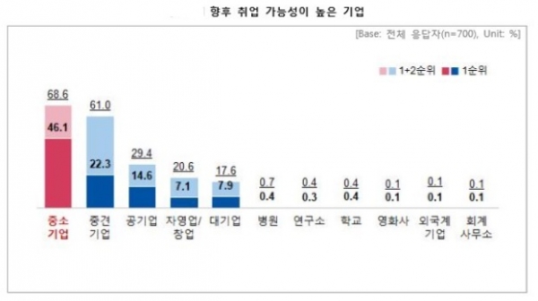 청년 구직자들은 중소기업을 취업 희망 대상으로는 공기업·대기업 등에 밀리는 후순위로 생각하면서도 취업 가능성은 가장 크게 보는 것으로 나타났다.자료=중소기업중앙회.