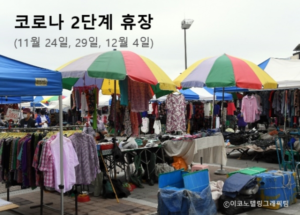 전국 최대 규모 5일장인 경기 성남 모란민속5일장이 코로나19 사회적 거리두기 2단계 강화 조치에 따라 24일부터 세 차례 휴장한다. 24일과 오는 29일, 12월 4일에 장이 서지 않는다. 사진=성남시/이코노텔링그래픽팀.