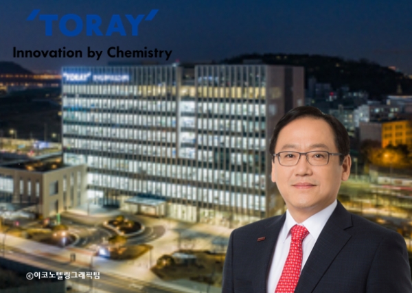 도레이첨단소재가 생산하는 'PP스펀본드 정전(靜電) SMS 부직포'가 '2020 세계일류상품'에 선정됐다. 사진(전해상 도레이첨단소재 대표이사 사장(오른쪽))=도레이첨단소재/이코노텔링그래픽팀.