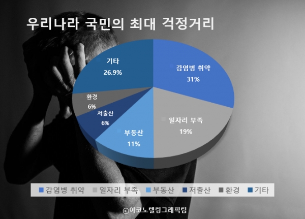 보건복지부가 16일 발표한 '2020년 사회보장 대국민 인식조사'에 따르면 국민들은 현재 사회 걱정거리 1순위로 감염병 취약(30.7%)을 꼽았다/이코노텔링그래픽팀.