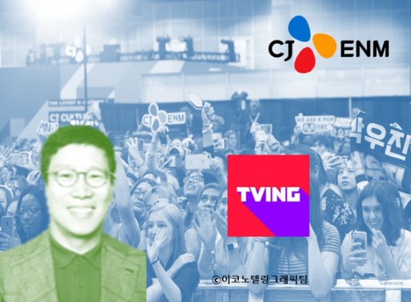 CJ ENM이 앞으로 5년 동안 5조원을 콘텐츠 제작에 투자해 글로벌 콘텐츠 기업으로 나아가기로 했다. 사진(강호성 CJ ENM 대표이사(왼쪽)),자료=CJ ENM/이코노텔링그래픽팀.