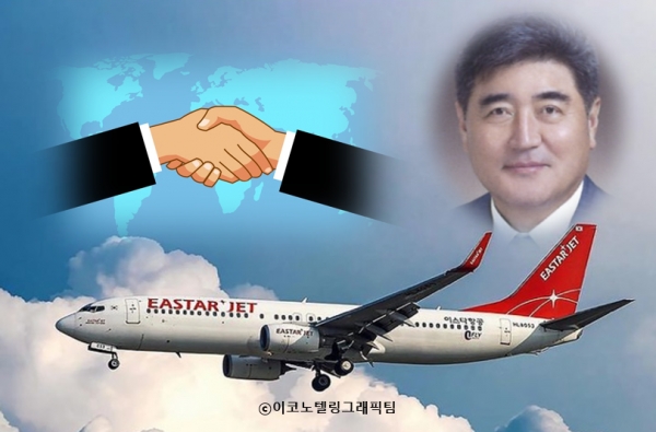 골프장 관리·부동산 임대업체인 ㈜성정이 1100억원을 투입해 이스타항공을 인수했다. 사진(성정 형남순 회장(오른쪽 위),이스타항공 비행기(아래))=성정,이스타항공/이코노텔링그래픽팀.