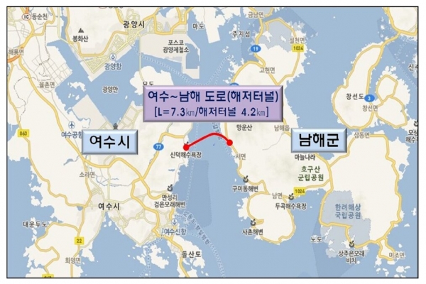 남해-여수 해저터널은 남해군 서면과 여수시 상암동을 잇는 연장 7.3km(터널 5.93km, 접속도로 1.37km) 도로로 총 6312억원의 사업비가 투입된다. 자료(여수시~남해군 연결 해저터널 위치도)=여수시.