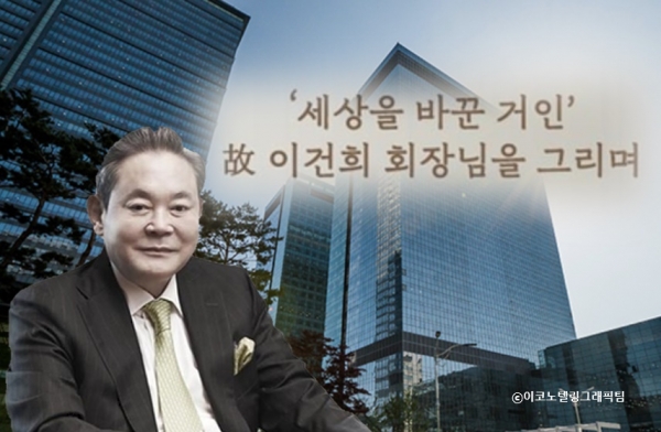 고(故) 이건희 삼성그룹 회장의 1주기 추도식이 25일 가족들만 참석한 가운데 간소하게 열렸다. 사진(고(故) 이건희 삼성그룹 회장(왼쪽))=삼성전자 사내게시판,삼성전자/이코노텔링그래픽팀.