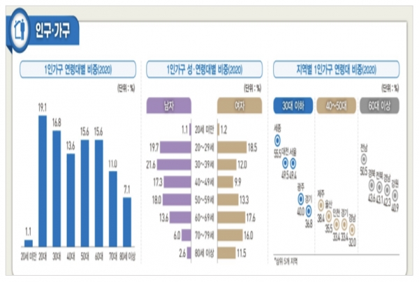 1인 가구 연령대별로는 20대(19.1%)가 가장 많았다. 이어 30대(16.8%), 50대(15.6%), 60대(15.6%), 40대(13.6%)의 순서였다. 자료=통계청.