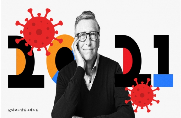 빌 게이츠 마이크로소프트(MS) 창업자가 2022년에는 코로나19 확산에 따른 팬데믹(세계적 대유행)이 종식될 것이라고 예견했다. 자료=빌게이츠 블로그/이코노텔링그래픽팀.
