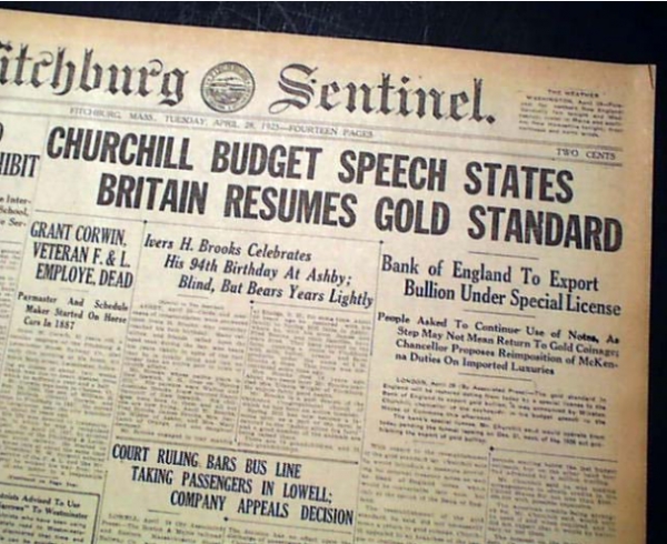 영국 재무장관 윈스턴 처칠이 ‘금본위법’을 선포했음을 알리는 신문기사