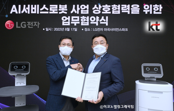 17일 서울 강서구 LG사이언스파크에서 양사 관계자들이 참석한 가운데 서비스 로봇 산업 경쟁력 강화를 위한 업무협약(MOU)을 맺었다. KT AI/DX융합사업부문 송재호 부사장(오른쪽), LG전자 BS사업본부장 장익환 부사장(왼쪽). 사진=KT.