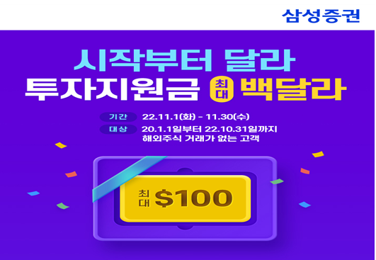삼성증권(사장 장석훈)이 신규 고객 또는 2020년부터 삼성증권에서 해외주식 거래 경험이 없었던 고객을 대상으로 최대 100달러를 지원하는 이벤트를 11월 30일까지 진행한다고 밝혔다. 자료=삼성증권.