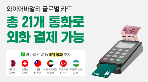 해외 송금·결제 전문 핀테크 기업 와이어바알리는 Visa와 손잡고 출시한 외화 선불카드 '와이어바알리 글로벌 카드'에 6개 결제 통화를 추가해 모두 21개 통화 결제가 가능하다고 14일 밝혔다.자료=와이어바알리.