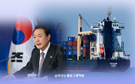 무역인과 수출기업의 공로를 기리는 '제59회 무역의 날 기념식'이 희비(喜悲)가 교차하는 가운데 5일 서울 강남 코엑스에서 열렸다. 사진=대통령실/이코노텔링그래픽팀.