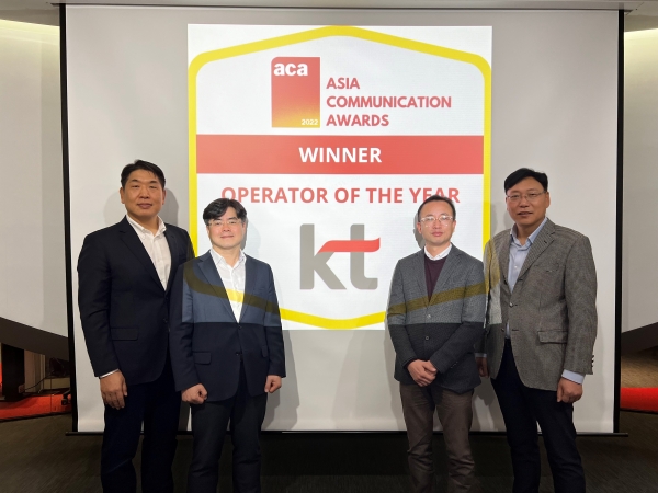 KT(대표이사 구현모, www.kt.com)가 14일 온라인으로 개최된 '아시아 커뮤니케이션 어워드(이하 ACA, Asia Communication Awards) 2022'에서 2개 부문에서 최우수 기업으로 선정됐다.사진(KT 네트워크연구기술본부 구재형 본부장(왼쪽 첫번째)와 KT 임직원)=KT.