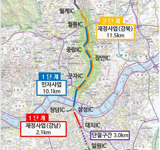 동부간선도로 지하화 1단계 사업 중 민간 투자사업(BTO) 구간은 강남구 청담동(영동대교 남단)과 성북구 석관동(월릉교)을 잇는 10.1㎞다. 왕복 4차로로 건설되며, 청담·삼성·군자·월릉 4개 나들목에서 들고날 수 있다. 자료=서울시.