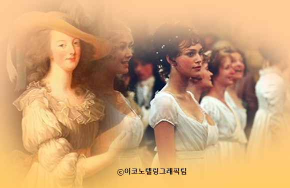 슈미즈 드레스(왼쪽), 19세기 초 엠파이어 드레스(오른쪽)/이코노텔링그래픽팀.