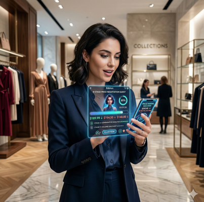 에이돌론 모델의 가장 큰 특징은 흥정의 즐거움이다. 한 소비자가 백화점 매장에서 지능형 에이전트와 함께 8단계 가격 채굴 퀘스트에 몰입하고 있다. 쇼핑이 게임으로 치환되는 이 과정은 설령 흥정에 실패해도 자산이 보전되는 무손실 설계를 통해 소비자의 도파민을 자극한다. 이미지=제미나이(나노바나나) 생성.<br>